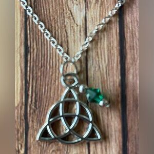 Celtic Knot with Emerald Green Crystal Bead Necklace